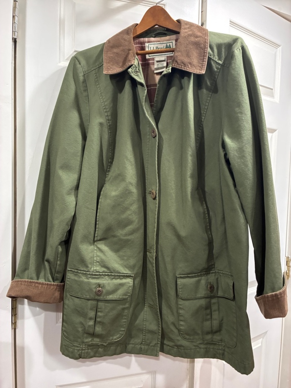 L.L. Bean Olive Green Utility Jacket with Brown Corduroy Collar